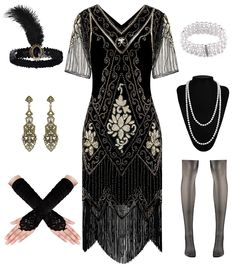 PRICES MAY VARY. Package Included-1 x sequin flapper dress, 1 x long satin gloves,1 xfeather headband, 1 x pearl necklace, 1 x earrings, 1 x pearl bracelet, 1 x fishnet stockings. Vintage Elegant Charm-The flapper dresses 1920s made of polyester fabric and soft fringe, delicate bead and sparkling sequins design, semi-sheer lace cuffs with intricate lace detailing, adding a touch of feminine allure to 20s outfit. This dress is the epitome of elegance and sophistication for your wardrobe. Fashion Roaring 20s Accessories, 20s Accessories, Long Satin Gloves, 20s Outfit, 20s Costume, Retro Headband, 1920s Women, 20s Dresses, Flapper Dresses