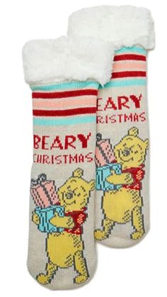 DISNEY WINNIE THE POOH CHRISTMAS SHERPA LINED GRIPPER BOTTOM SLIPPER SOCKS - Novelty Socks for Less Gingerbread Christmas Slippers, Sherpa Slipper Sock Snowman, Disney Christmas Socks, Beary Christmas, Holiday Slippers, Winnie The Pooh Christmas, Blue Gloves, Cute Slippers, Pooh Bear