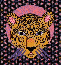 an image of a leopard head on a black background with pink, blue and orange circles