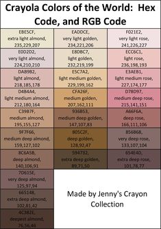 the color chart for crayoa colors of the world hex code, and rgb code