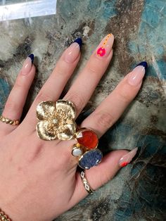 Rings And Nails, Blue Nails, French Nails, Summer Nails, Vintage Rings, Acrylic Nails, Gold Rings, Nail Designs