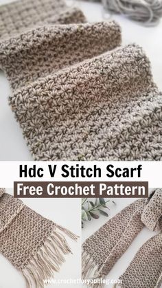 the crochet scarf is shown with text that reads, hdc v stitch scarf free crochet pattern