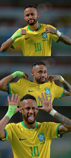 three different shots of a soccer player with his hands on his head and the other hand over his face