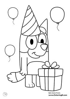 Bingo with a gift and balloons coloring page Bluey Bingo Coloring Pages, Bluey Characters Coloring Pages, Bluey Birthday Coloring Pages, Bluey Birthday Coloring Pages Free, Printable Bluey Coloring Pages, Three Year Old Bluey Party, Bluey And Bingo Coloring Pages, Free Bluey Coloring Pages