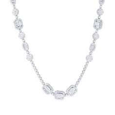 This Grandeur Station Diamond Necklace is an eye-catching statement piece. Crafted from luxurious 18 karat white gold, the necklace is set with approximately 18 1/3 carats total weight of round brilliant and baguette diamonds, arranged in elegant stations, and suspended along a 30" chain. Enjoy a refined, elegant look that is sure to turn heads. Luxury White Gold Station Necklace For Anniversary, Luxury Classic White Gold Station Necklace, Luxury Diamond Cut Station Necklace For Formal Occasions, 3 Carat, Top Gifts, Baguette Diamond, Round Brilliant, Statement Pieces, Wedding Shop