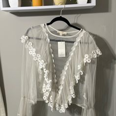 Nwt. Fabric Has No Stretch. White Sheer Top For Brunch, Spring Wedding Tops With Lace Trim, White Wedding Top For Spring, Spring Wedding V-neck Tops, White Sheer Blouse For Spring, White Blouse For Spring Wedding, White Spring Wedding Top, White Spring Wedding Blouse, Spring Wedding White Blouse