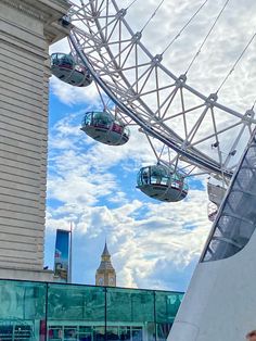 the ferris wheel is in front of some buildings