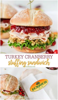 turkey cranberry stuffing sandwich with lettuce, tomato sauce and cheese on it