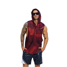 Be ready to party like hell and have a devilishly good time in the Diablo Hoodie Tank. This red geometric patterned mens festival tank top is perfect for everything from warm weather summer outfits to mens rave outfits. FEATURES: -Shiny metallic red geometric printed spandex on the hood and body as well as panels of glittery red spandex on the back and shoulders -Hood with drawstring -Henley style button down collar -Relaxed fit with low arm holes -Limited edition fabric, once it sells out it's Red Hip Hop Top For Summer, Red Tank Top For Streetwear In Summer, Red Tank Top For Summer Streetwear, Red Sleeveless Vest For Streetwear, Summer Athleisure Vest For Streetwear, Red Rave Outfit, Futuristic Tank, Rave Outfit Men, Mens Rave Outfits