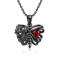 PRICES MAY VARY. 🎃Exquisite Design：Realistic skeleton necklace for women set with sparkling blood red zirconia, showcasing a unique and spooky style. Unique heart skull design combined with handsome black roses. Paired with a skull-inspired makeup, become the dazzling focus of Gothic Party! 👻Material: 925 Sterling Silver. Our halloween skeleton necklace for girls is crafted with high-quality silver and zircons, ensuring its glossiness and durability, no nickel, no lead, no cadmium, without any Halloween Clavicle Chain Jewelry Gift, Halloween Gift Clavicle Chain Jewelry, Gothic Clavicle Chain Necklace With Heart Pendant, Gothic Pendant Jewelry For Valentine's Day, Elegant Red Jewelry For Halloween, Black Gothic Jewelry With Charms, Black Gothic Charm Jewelry, Heart-shaped Metal Jewelry For Halloween, Halloween Heart-shaped Metal Jewelry