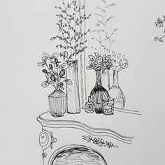 an ink drawing of vases and flowers on a mantle in front of a mirror