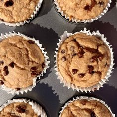 six chocolate chip muffins sitting in a cupcake tin