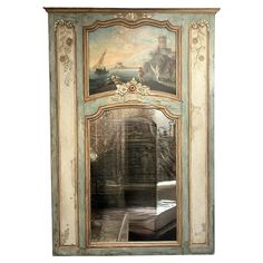 an ornate painted cabinet with a painting on the front and side panels in different colors