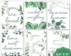 four cards with green leaves and the words you are loved on them