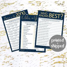 two blue and gold wedding games with the words, who knows best?