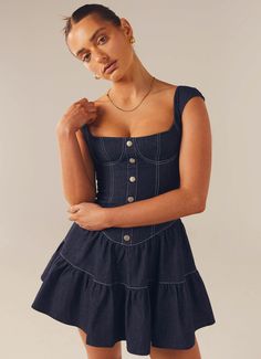 Isabella Denim Bustier Dress - Indigo Denim Dress With Cowbiy Boots, Boots To Wear With Dresses Mini, Denim Dress Bridesmaids, Formal Dress With Boots Mini, Bustier Dress Formal Mini, Dresses With Cowboy Boots Concert, Mini Dress With Boots Country, Country Dress Jeans, Disco Dress Peppermayo