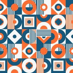 an orange and blue abstract pattern with circles, squares, and rectangles on a white background