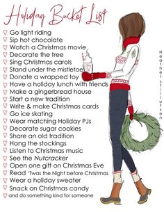 an image of a woman holding a coffee cup with the words happy holidays list on it