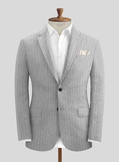 Capture the tradition and modernity of a striped suit that adds a dash of character to your ensemble with our Solbiati Stone Gray Stripe Linen Suit. Tailored from pure linen, our suit bears a stripe design and a subdued gray shade within a thick texture that inherits unparalleled comfort. From leisurely gatherings to professional engagements, our suit embodies versatility and understated luxury, which reigns supreme.     About Solbiati Pericle Collection :  A blend of artisan craftsmanship and the finest linen, designed for those who cherish classic elegance with a modern twist. Our collection offers unparalleled comfort and impeccable style. With the freedom to explore vibrant textures and colors, from sophisticated two-tone twills to lively mélange patterns, Pericle is the epitome of cre Tailored Striped Linen Blazer, Classic Striped Linen Blazer, Formal Striped Cotton Blazer, Striped Cotton Blazer For Formal Occasions, Pinstripe Linen Blazer With Notch Lapel, Italian Suit, Linen Suits, Tweed Suits, Linen Jacket