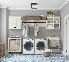 a washer and dryer in a room with blue floor tiles on the floor