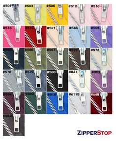 zippers with different colors and sizes are shown in this image, there is an additional color