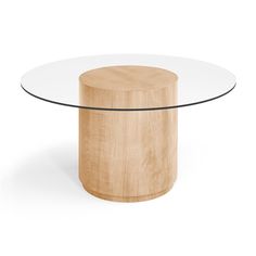 a round table with a glass top and wooden base on an isolated white background,