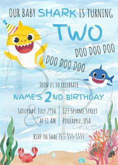 shark and shark baby shower party invitation with under the sea theme on blue water background