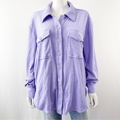 Good American Purple Terry Cloth Long Sleeve Button Down Shacket. Tunic Length Shirt Jacket In Iced Iris.Size 1/2, Small/Medium. Oversized Loose Fit. New With Tags! Retail Price $99. Total Length From Top Of Shoulder: 29" Chest Armpit To Armpit: 24" Smoke Free Home! Oversized Single Breasted Button-up Top, Shirt With Buttoned Pockets And Lapel Collar, Casual Purple Blouse With Buttons, Oversized Purple Button-up Top, Purple Oversized Button-up Top, Trendy Collared Shacket With Button Cuffs, Casual Purple Collared Outerwear, Collared Purple Blouse With Button Closure, Purple Collared Blouse With Button Closure