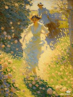 a painting of a woman walking through flowers