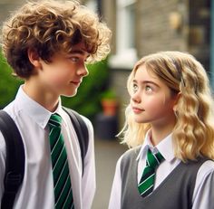 two young children wearing school uniforms standing next to each other on the street, looking at one another