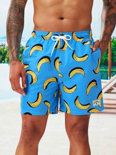 Stand out by the water in our Banana Printed Waist Swim Trunks! Featuring an exciting fruit and all-over print, these shorts are sure to make a splash. The drawstring and pocket details add functionality, while the non-stretch fabric guarantees a comfortable fit. Features: Pattern Type: Fruit & All Over Print Details: Drawstring, Pocket Type: Bottoms Bottom Type: Shorts Fabric: Non-Stretch Care Instructions: Machine wash, do not dry clean Body: Lined Lining: 100% Polyester Size Chart (Inches): S Paisley Shorts, Poolside Fashion, Banana Print, Men Beach, Boho Patterns, Mens Swim Trunks, Printed Drawstring, Blue Waves, Tropical Vibes