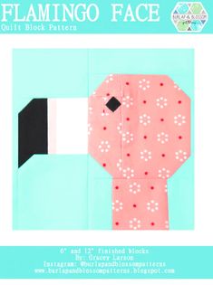 the flamingo face quilt block pattern is shown in pink and black with white dots