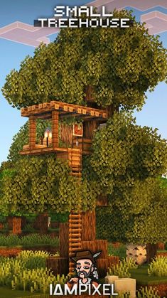 an image of a tree house in the middle of some trees with people on it