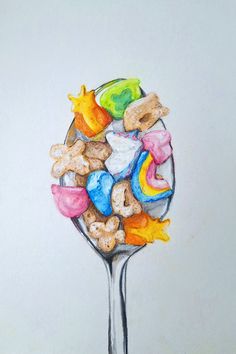 a drawing of a spoon filled with lots of different types of candies and nuts