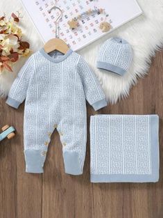 Baby Boy Button Front Thermal Knit Hooded Jumpsuit | SHEIN USA Winter Knitted Long Sleeve Onesie, White Knitted Long Sleeve Set, Hooded Jumpsuit, Baby Boy Sweater, Knit Jumpsuit, Boys Sweaters, Onesies