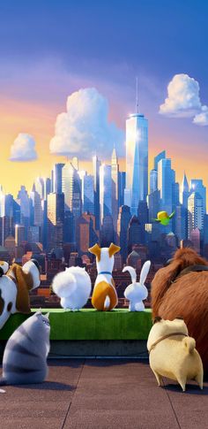 the secret life of pets movie poster with dogs and cats in front of cityscape