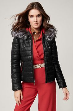 Our quilted zip jacket in luxurious lambskin leather adds a fresh look to your cool weather wardrobe. There's a cozy hood with a Finnish fox fur ruff, hand pockets with zip closure and contrast trim, and smooth polyester lining, while princess seams offer a flattering fit. Hooded Leather Jacket, Leather Puffer, Fur Leather Jacket, Leather Jacket With Hood, Lambskin Leather Jacket, Sheepskin Coat, Women's Coats & Jackets, Women's Coats, Fox Fur