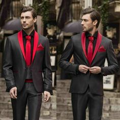 Black And Red Tux, Mens Wedding Tuxedo, Red Tux, Dance Fits, Black Men Suits, Black And Red Suit, Groomsmen Ideas, Groom Suit Grey