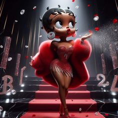 a woman in a red dress is standing on some steps with bubbles and confetti all around her