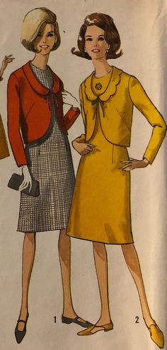 "Vintage 6099 Simplicity (1965) Size 11 Bust 31-1/2\" Note: Today's size 8 pattern has a 31-1/2\" bust Juniors' One-Piece Dress and Jacket: The collarless A line dress with front dart interest has back zipper closing. Dress V. 1 has short set-in sleeves. Dress V. 2 is sleeveless. Lined jacket with collar trimmed low round neckline, has long set-in sleeves, front hook and loop closing and bow. Jacket and V. 1 contrasts dress. Matching jacket V. 2 has scalloped collar. Featured in Simplicity Patte Retro Party Blazer, Retro Skirt Suit For Office, Retro Fitted Long Sleeve Skirt Suit, 60s Jacket Women, Retro Long Sleeve Tailored Skirt Suit, Retro Tailored Long Sleeve Skirt Suit, Retro Fitted Skirt Suit, 60s Skirt Suit, Simplicity 1254