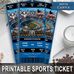 three tickets are sitting on a table next to coffee beans and a cup with the words, printable sports ticket