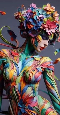 a woman with flowers on her head and body painted in multi - colored paint,