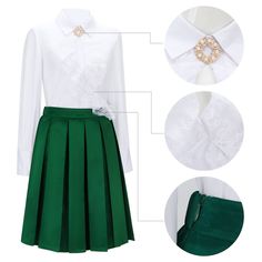 a woman's green pleated skirt and white shirt with brooch on it