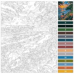 a coloring page with an image of the ocean and mountains in it, including numbers for each