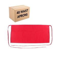 a red bag with the words 48 waist aprons on it and a cardboard box