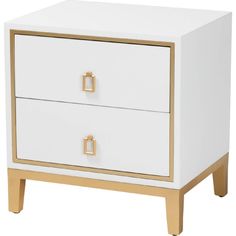 a white and gold nightstand with two drawers on each side, against a white background