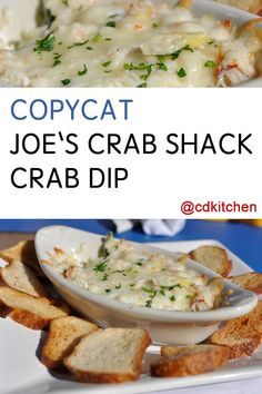 two pictures with different types of crab dips and bread on the bottom one has cheese in it