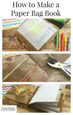 how to make a paper bag book with crayons and scissors on the table