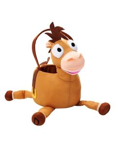 a stuffed toy horse with a bag on it's back and eyes wide open