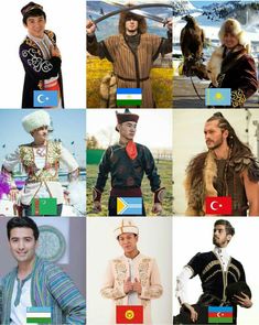 many different people are dressed up and posing for the same photo, with flags on them